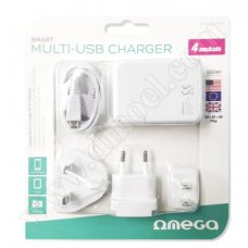 Адаптер захранване Omega, OMCUSB4, EU, UK, US 220V - 5V 4.0A, USB 2.0 x4