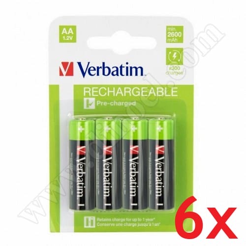 Батерии акумулаторни Verbatim, 1.2V, HR6, AA, Mignon, 2500mAh, 4бр.x6