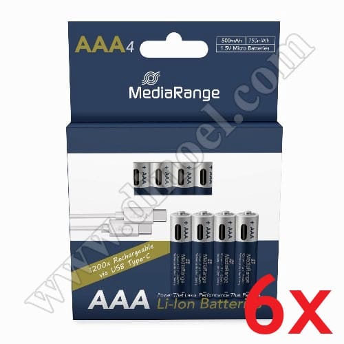 Батерии акумулаторни MediaRange, 1.5V, HR03, ААА, Li-ion, USB-C, 500mAh, 4бр.x6