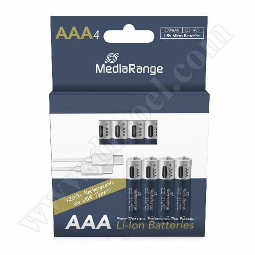 Батерии акумулаторни MediaRange, 1.5V, HR03, ААА, Li-ion, USB-C, 500mAh, 4бр.