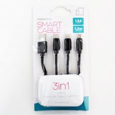 Комплект кабели Omega, USB v.2.0, 3 in 1: microUSB, Type-C, Lightning, Black