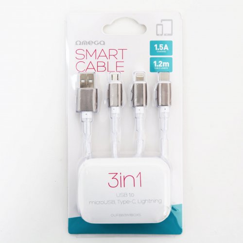 Комплект кабели Omega, USB v.2.0, 3 in 1: microUSB, Type-C, Lightning, Silver
