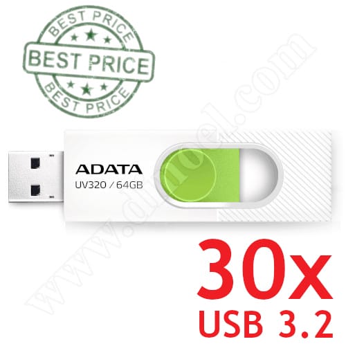 Adata, UV320,  64GB, USB 3.2, Flash Drive, White + Green, 30бр.