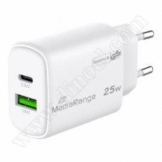 Адаптер захранване MediaRange 25W GaN, 1x USB-C и 1x USB-A, MRMA112