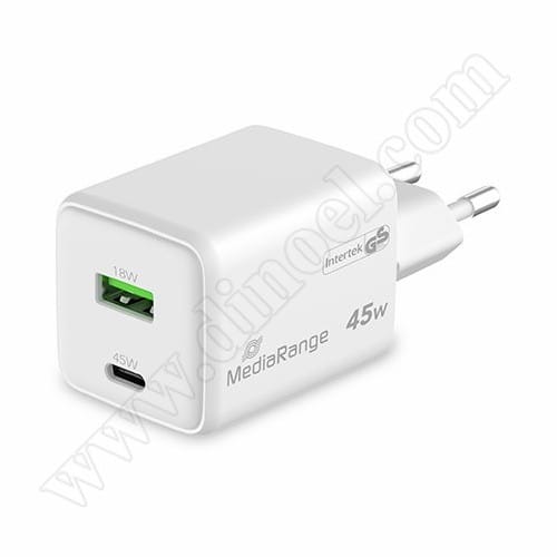Адаптер захранване MediaRange 45W GaN, 1x USB-C и 1x USB-A, MRMA113
