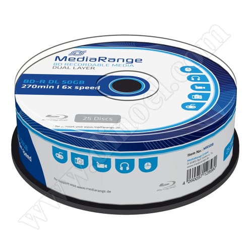 BD-R MediaRange, DL, 50GB, 6X, Cake box 25бр.