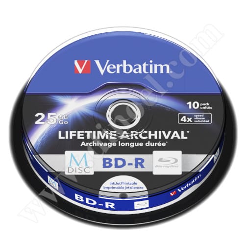 M-Disc, BD-R, Verbatim, Lifetime Archival, Inkjet Printable, 25GB, 4X, Cake box 10бр.