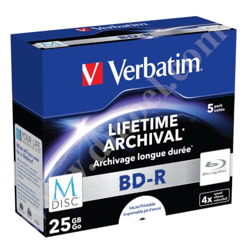 M-Disc, BD-R, Verbatim, Lifetime Archival, Inkjet Printable, 25GB, 4X, Jewel case, 5бр.