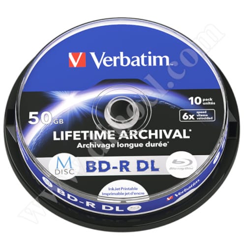 M-Disc, BD-R, Verbatim, Lifetime Archival, Inkjet Printable, DL, 50GB, 4X, Cake box 10бр.