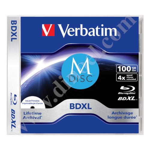 M-Disc, BD-R, Verbatim, Lifetime Archival, Inkjet Printable, XL, 100GB, 4X, Jewel case