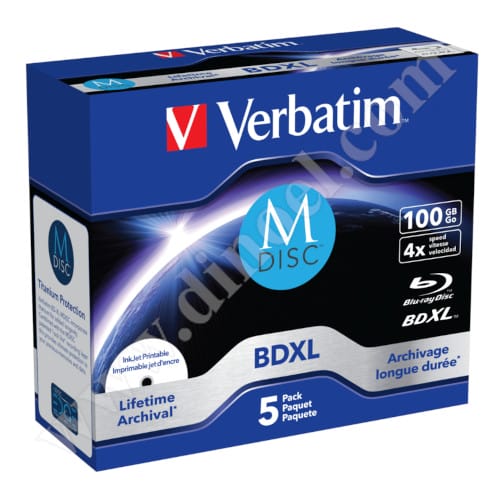 M-Disc, BD-R, Verbatim, Lifetime Archival, Inkjet Printable, XL, 100GB, 4X, Jewel case, 5бр.