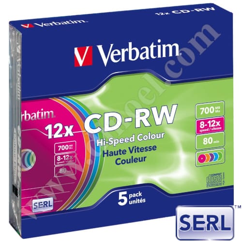 CD-RW Verbatim, SERL, Color, 700MB, 12X, High speed, Slim case 5бр.