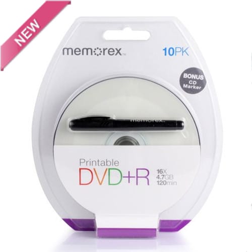 DVD+R Memorex, InkJet Printable, 4.7GB, 16X, блистер 10бр. + маркер