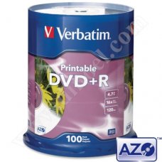 DVD+R Verbatim, Inkjet Printable, No ID Branded, AZO, 4.7GB, 16X, Cake box 100бр.