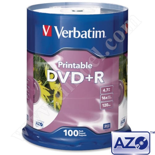DVD+R Verbatim, Inkjet Printable, No ID Branded, AZO, 4.7GB, 16X, Cake box 100бр.