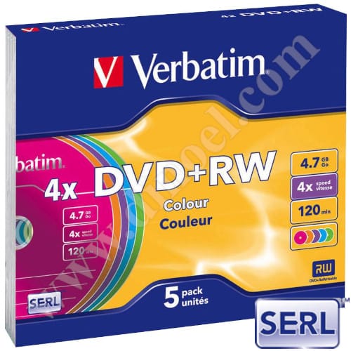 DVD+RW Verbatim, SERL, Color, 4.7GB, 4X, Slim case 5бр.