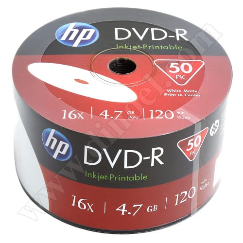 DVD-R HP, Hewlett-Packard, Inkjet Printable, 4.7GB, 16X, целофан 50бр.