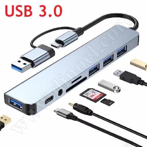Разклонител и четец за карти RoTech, Multiport Hub 8 в 1, USB 3.0 & Type-C, Silver